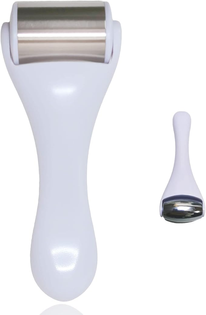 Ice Roller & Massager for Face & Eyes - Stainless Steel, 2 Pcs, Pain Relief, Dark Circles, Migraine (White)