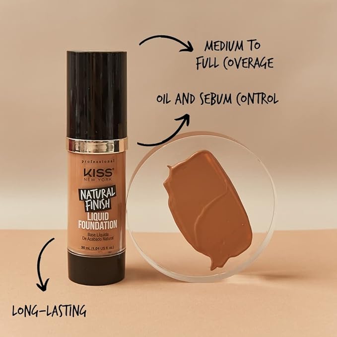 Kiss New York Professional Liquid Foundation - Lightweight and Hydrating Formula, Natural Finish, Control Shine, Cover Pores, Medium to Full Coverage, Green Tea Extract (Caramel)