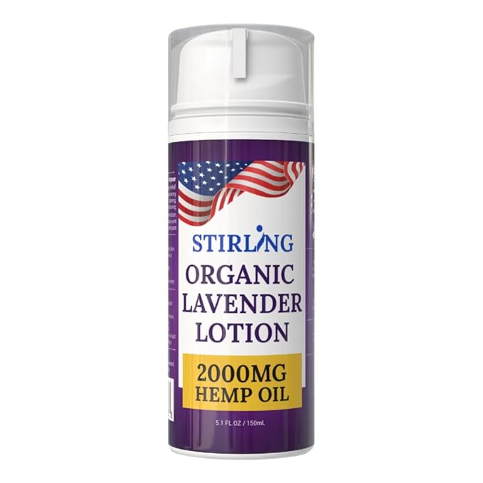 STIRLING Lavender Lotion ā Organic Lavender with 2000mg Hemp Oil, Aloe Vera, and Vitamin E ā Nourishing and Moisturizing Body Lotion for a Soft and Smooth Feel