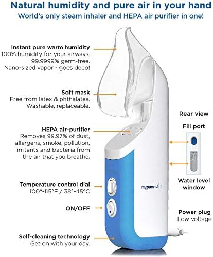 Mypurmistยฎ Essential Kit Plus Facial Steam - Steam Inhaler & Facial Steamer Combo, Personal Handheld Ultrapure Steam - Sinus Congestion Cold Cough Relief Vocal Care Skincare (Plug-in)