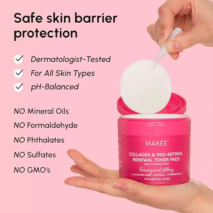 MAREE Collagen Toner Polishes - Toner Pads with Retinol - Minimizing Wrinkle Zero Pore Pads - Hydrating Toning Collagen Ampoule Pad with Retinol & Centella - Anti Aging Brightening Wipes
