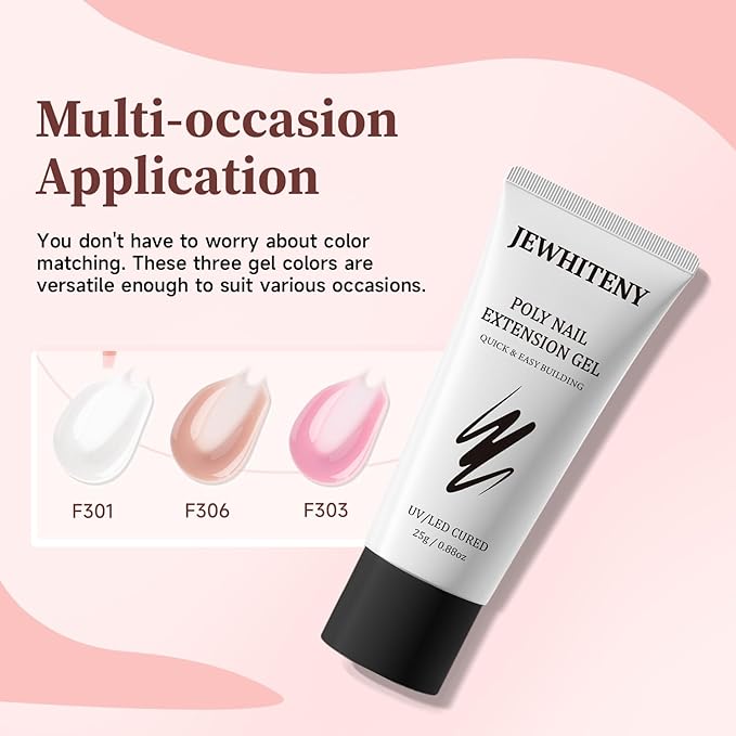 JEWHITENY Poly Extension Gel Nail Set Clear Pink Poly Nail Gel With Slip Solution Base Coat Top Coat French Manicure Need U V Lamp Curing for Finger Art and Home DIY