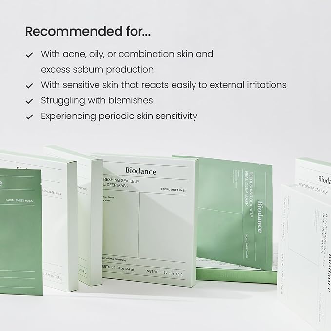 BIODANCE Refreshing Sea kelp Real Deep Mask, Overnight Hydrogel Mask, Calming, Oil & Sebum Control, Blemish Care 1.19oz(34g) x 4ea