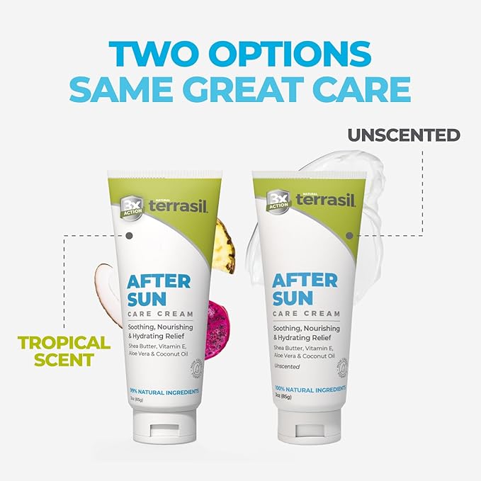 terrasil After Sun Care Lotion with Aloe Vera, Shea Butter, Coconut Oil, & Vitamin E, Soothing Sunburn Relief for Sun Exposed Skin, Deeply Nourishing. Natural Body Lotion (3 oz) Unscented