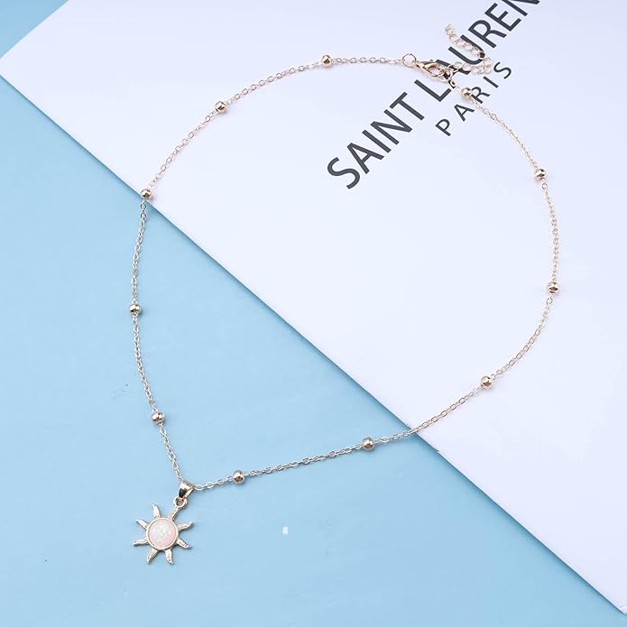 Vintage Opal Crystal Sun Pendent Necklace Opal Sunburst Necklace Moonstone Sun Choker Necklace Gold Ball Chain Necklace Jewelry for Women (Gold)