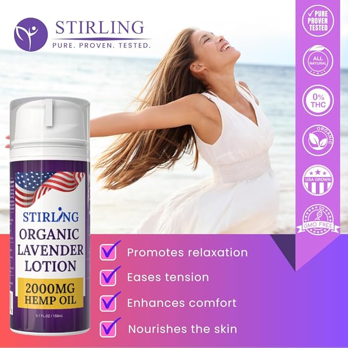 STIRLING Lavender Lotion ā Organic Lavender with 2000mg Hemp Oil, Aloe Vera, and Vitamin E ā Nourishing and Moisturizing Body Lotion for a Soft and Smooth Feel
