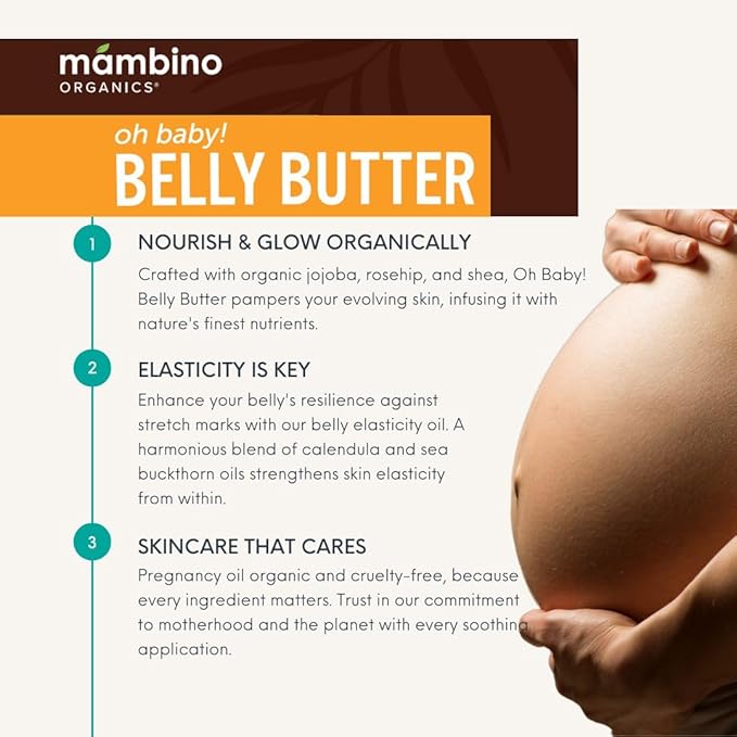 Oh Baby! Belly Butter – Organic Stretch Mark Cream for Pregnancy with Dutch Shea & Cocoa Butter – Vitamins, Omegas for Elasticity – Vegan Cruelty-Free Maternity Care by Mambino Organics, 2.5 fl oz