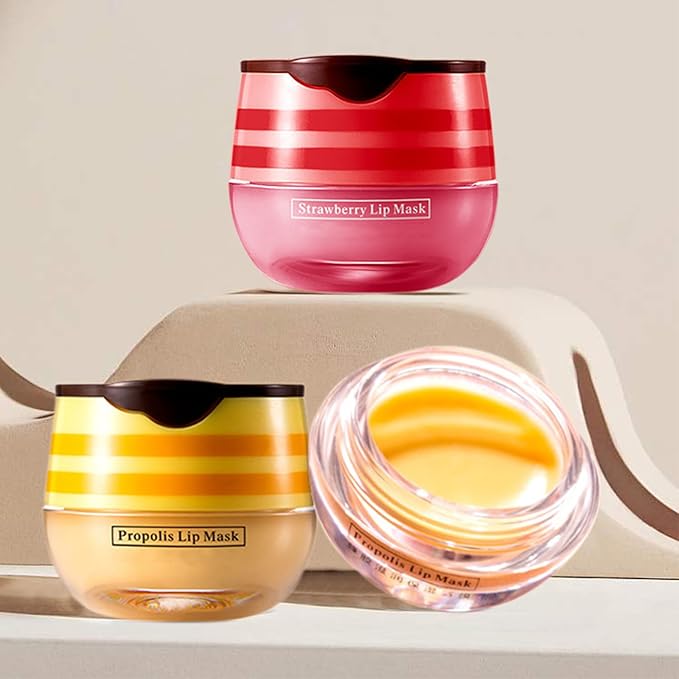 4 PCS Honey Lip Balm Pot, Honey & Strawberry Lip Sleeping Mask Vitamin E & Moisturizing Propolis Lip Balm with Stick, Prevention Dry and Cracked Lip Scrubs Exfoliator Lip Wrinkle