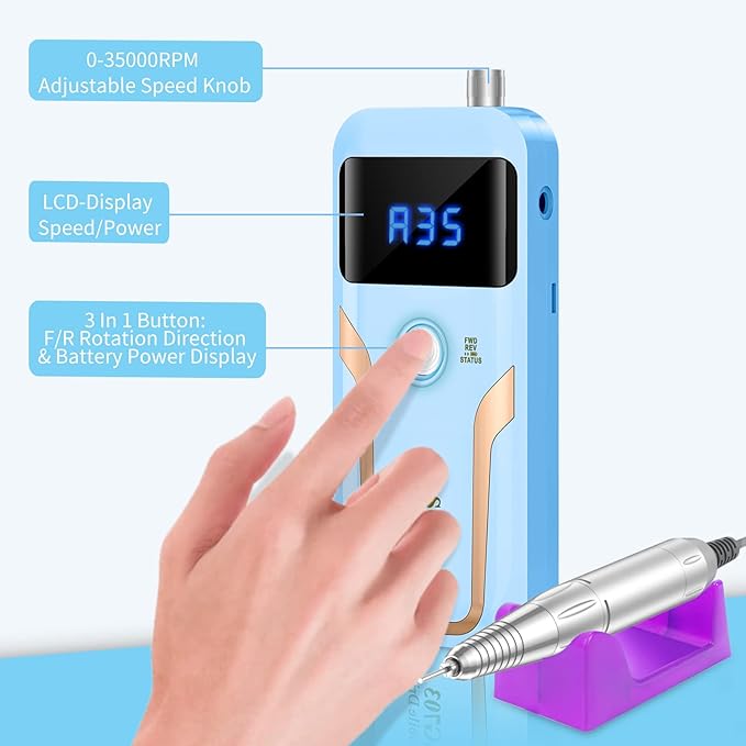 Portable Nail Drill Professional, 35000 RPM Rechargeable Electric Nail File Machine E File for Acrylic Nails Gel Polishing Removing, Cordless E-file with Bits Kit for Manicure Salon Home,Blue