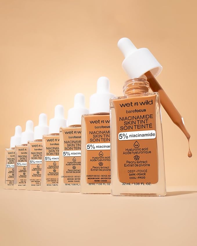 wet n wild Bare Focus Skin Tint, 5% Niacinamide Enriched,Buildable Sheer Lightweight Coverage,Natural Radiant Finish,Hyaluronic & Vitamin Hydration Boost,Cruelty-Free & Vegan-Light Medium Sand
