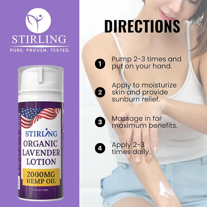 STIRLING Lavender Lotion ā Organic Lavender with 2000mg Hemp Oil, Aloe Vera, and Vitamin E ā Nourishing and Moisturizing Body Lotion for a Soft and Smooth Feel