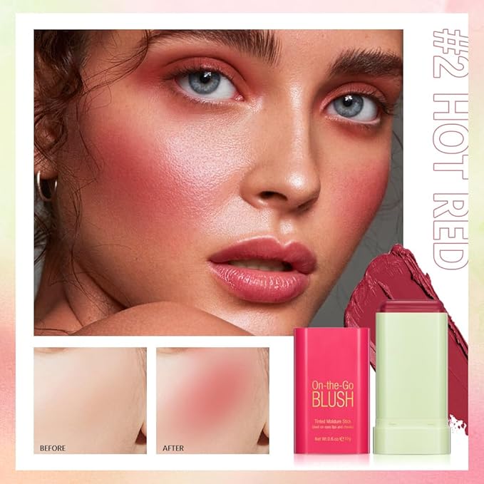 Soft Creamy Blush Stick,On-the-Go Blush,2-in-1 Cheek and Lip Tint,Waterproof Hydrating Solid Natural Moisture Smooth Blendable Matte Finish Face Blush Makeup,02 hot red