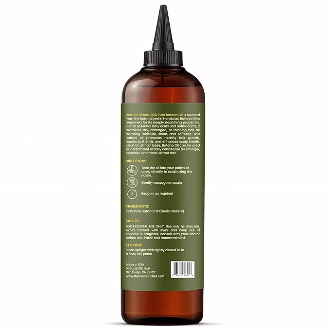 Natural Riches Unrefined Organic Batana Oil, 8 fl oz, 100% Pure & Natural, Cold pressed Honduras Miracle Oil for Hair Growth.