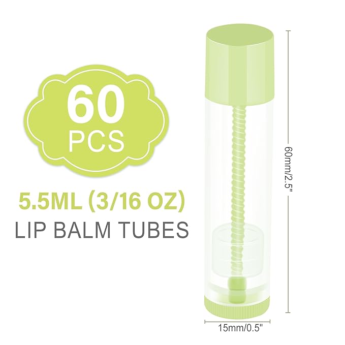 LotFancy Lip Balm Tubes Empty, 60PCS 5.5ml (3/16 Oz), Clear Lip Balm Container Tubes with Green Caps, BPA Free & Leak Free, Refillable