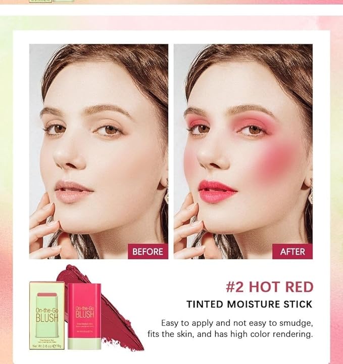 On-the-Go Makeup Blush Stick Tinted Moisture Stick, Shadow Lips Cheek Blusher Creamy Makeup Long Lasting Natural Nude Makeup for All Skin (red)