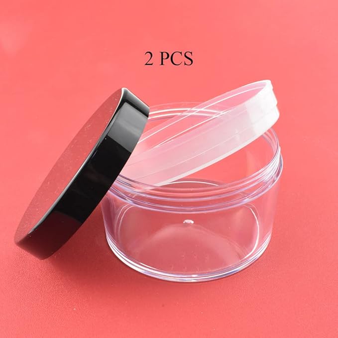 HAHIYO 2Pcs 50ml/1.69oz Plastic Empty Travel Powder Container Large Loose Powder Compact Case Makeup Cosmetic Jar Refillable Powder Box No Leak Powder Holder with Common Sifter and Black Screw Lid