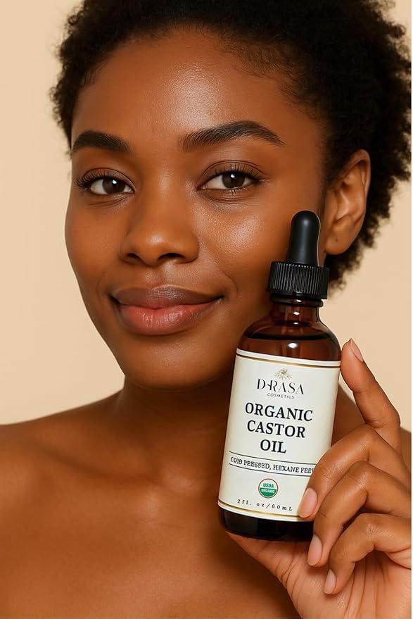 Organic Castor Oil– 100% Pure, Extra Virgin (2oz Glass Bottle), Cold-Pressed, Hexane-Free, Promotes Growth of Hair, Eyebrows & Eyelashes, For Castor Oil Packs, With Free Eyebrow Brush