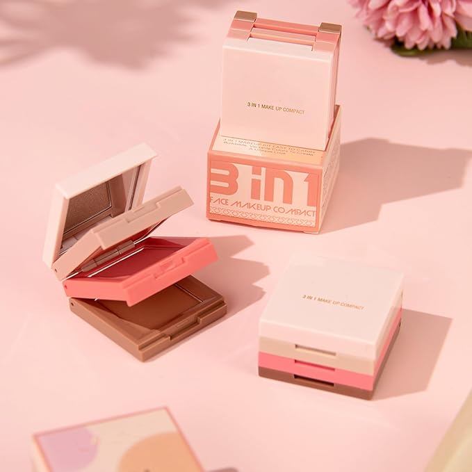 3 in 1 Contour Highlighter Blush Makeup Palette, Shimmer Matte 3 Colors Pigmented Brighten Highlighting Bronzer Blusher Eyeshadow Pallet, Long Lasting Shaping Full Face Eyes Makeup kit with Mirror