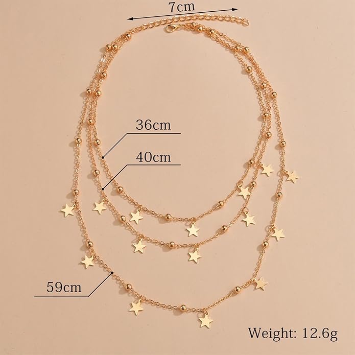 Vintage Layered Star Dangle Necklace Star Pendant Necklace Tiny Star Necklace Gold Bead Chain Necklace Jewelry for Women
