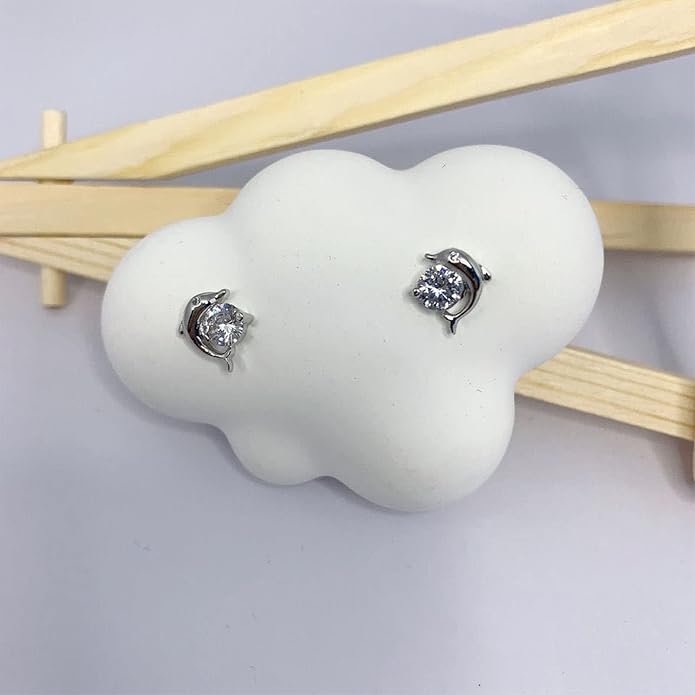Silver Dolphin CZ Earrings Cute Animal Stud Earrings Tiny Earring Jackets Gifts for Women and Girls
