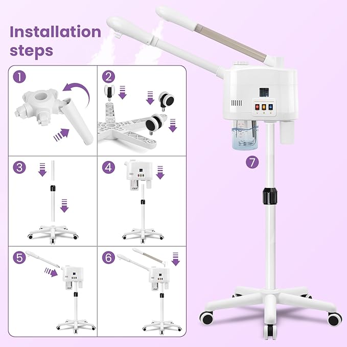 Professional Facial Steamer, 2 in 1 Facial Steamer on Wheels for Cold Mist & Hot Mist & Timer Function, Stand Face Steamer Adjustable Height for Spa, Salon and at Home use