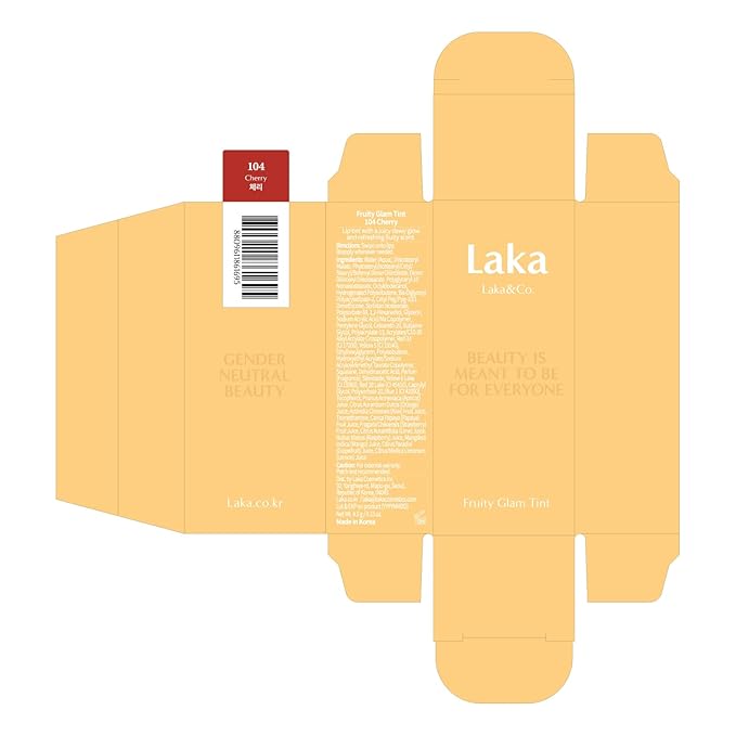 Laka Fruity Glam Tint, 4.5g/0.15 oz., Glowing Lip Stain with Wide Color Spectrum, Hydrating & Lightweight Texture, Long-Lasting Bold Stain, Non-Sticky, Vegan, K-Beauty (#103 Cherry)