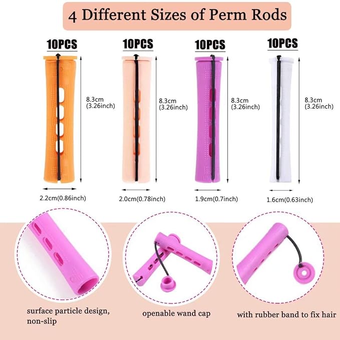 40pcs Perm Rods Set for Natural Hair 4 Sizes Cold Wave Rods Hair Rollers for Women Curling Rods for Long Medium Small Hair Curler Styling DIY Hairdressing Tools(Orange+Beige+Purple+white)