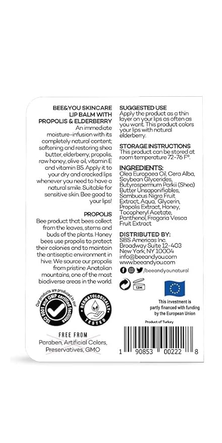 Bee and You Elderberry and Propolis Extract Lip Balm, Beeswax, Shea Butter, Vitamin E, 100% Natural Moisturizing Lip Balm, Chapstick, Chapped Lips Treatment Severe, 10ml