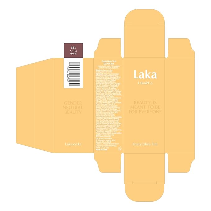 Laka Fruity Glam Tint, 4.5g/0.15 oz., Glowing Lip Stain with Wide Color Spectrum, Hydrating & Lightweight Texture, Long-Lasting Bold Stain, Non-Sticky, Vegan, K-Beauty (#121 Ash Nut)