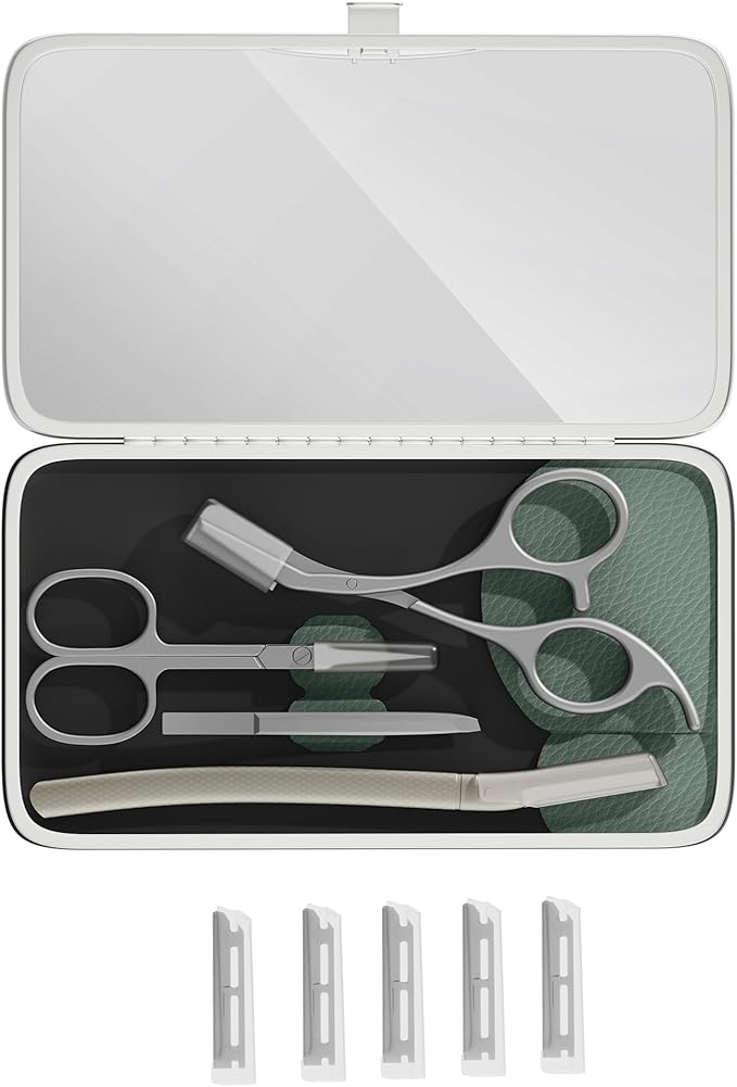 Eyebrow Trimmer Kit Scissors Tweezers Razor Facial Shaver Grooming Set with Mirror Travel Cases