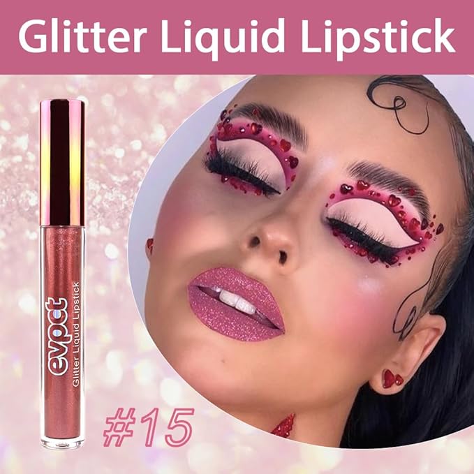 evpct 1Pcs Plum Red Glitter Metallic Shimmer Diamond Lipstick Lip Gloss Stain Set for Women Long Lasting Waterproof, Mauve Red Sparkle Glitter Matte long Wear Liquid Lipstick Lip Makeup Kit, 15#