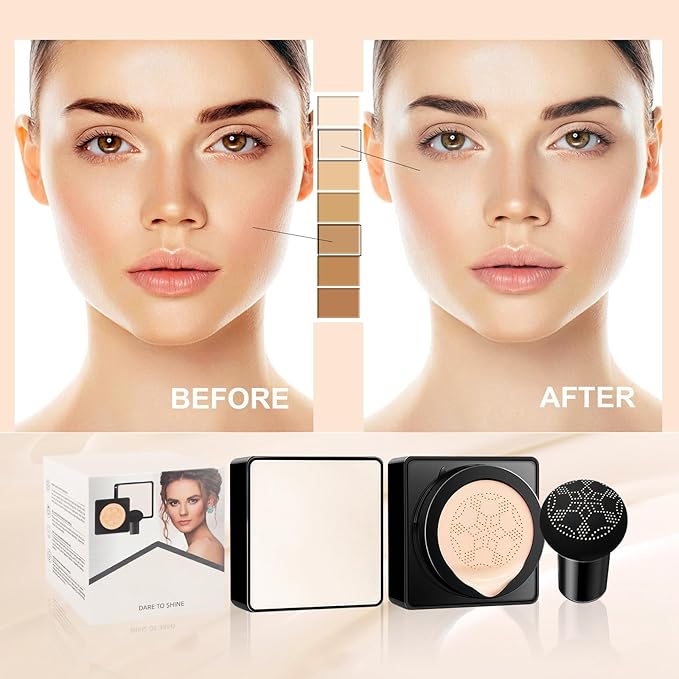 Air Cushion CC Cream Mushroom Head - Moisturizing & Oil Control Screw Lid Concealer Makeup Base, Primer Liquid Foundation Long Lasting with Mushroom Makeup Sponges for All Skin Types (Buff Beige)