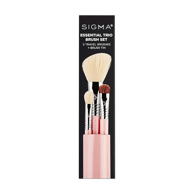 Sigma Beauty Travel Essential Trio - Makeup Brush Set for Foundation Powder Eyeshadow - 3 Tool Brushes with Brush Tin Holder - - Skin Safe, Vegan Makeup Brushes for Travel - Light Pink
