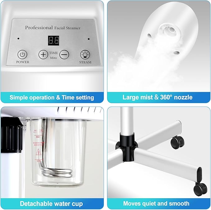 Professional Facial Steamer on Wheels, Esthetician Steamer with Hot Ozone Mist, Stand Face Steamer for Facial Deep Cleaning, Steamer for Facial for Personal Care or Spa, White
