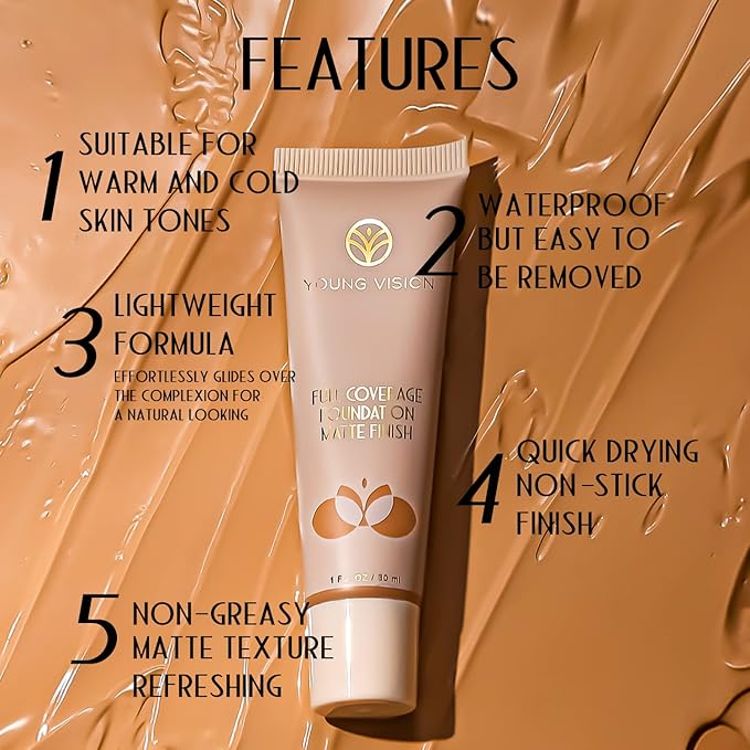 YOUNG VISION Full Coverage Longwear Foundation, Matte Finish, Waterproof, Poreless Liquid Foundation Makeup, 1 Fl Oz (Pack of 2)