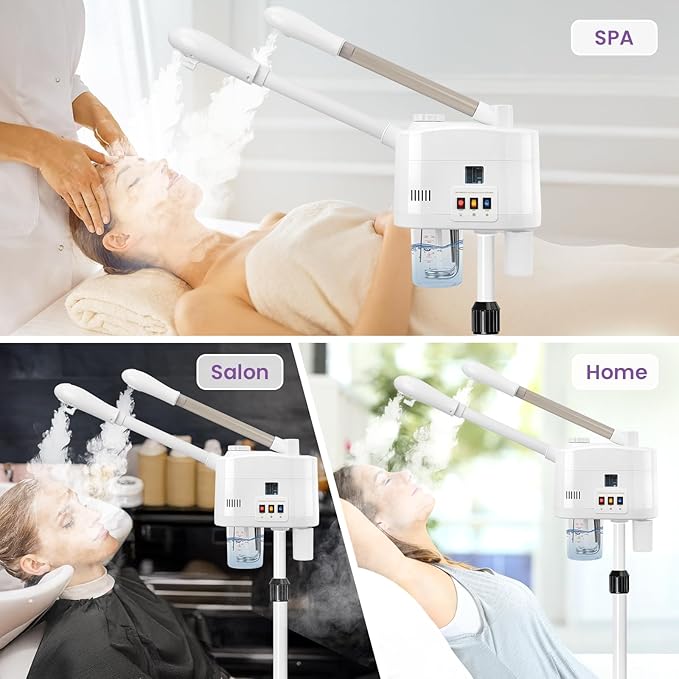 Professional Facial Steamer, 2 in 1 Facial Steamer on Wheels for Cold Mist & Hot Mist & Timer Function, Stand Face Steamer Adjustable Height for Spa, Salon and at Home use