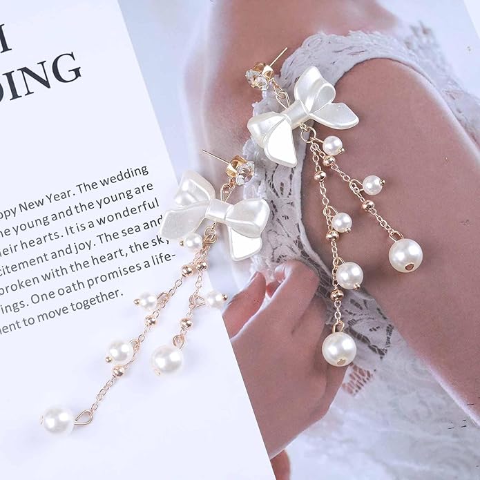 Vintage Crystal Pearl Drop Earrings Pearl Bow Dangle Earrings Long Pearl Tassel Chain Earrings Cz Bow Stud Earrings Jewelry for Women