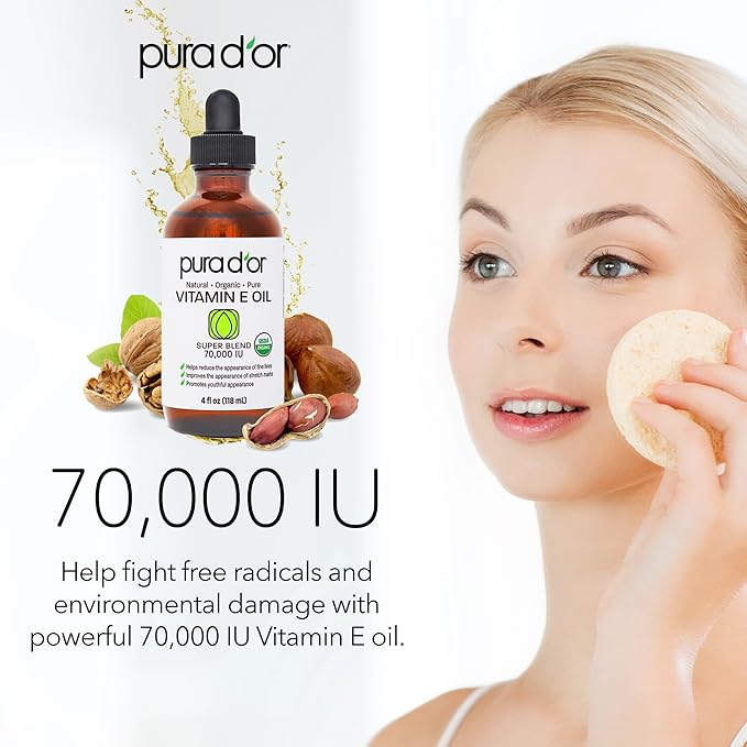 PURA D'OR 4 Oz ORGANIC Vitamin E Oil Blend - 100% Natural Hexane Free, Sweet Almond, Apricot, Jojoba, Argan, Rosehip, Sunflower & Avocado Bath Oil For Scars, Skin, Face & Full Body