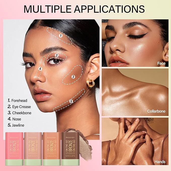 On-The-Go Bronzer Stick,Multi-Use Cream Contour Stick,Natural Long Lasting Face Bronzer,Smooth Highlighter Contour Stick,Bronze Contour Makeup Facial Shaping,02 Soft Glow