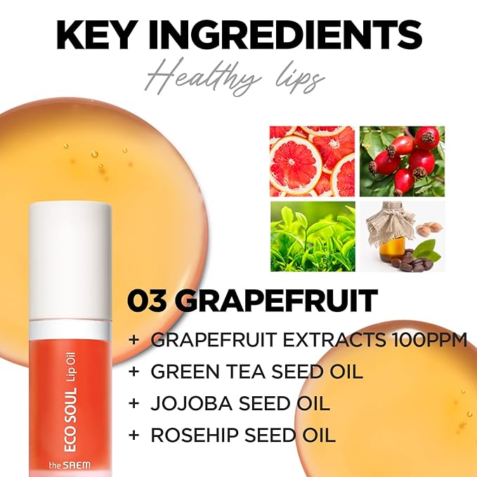 THESAEM Eco Soul Lip Oil 3 Combo Set (01 Honey + 02 Berry + 03 Grapefruit) - Plumping & Hydrating Lip Oil to Nourish & Moisturize Lips - Lips Soft & Glossy for Dry Lips, 0.21 fl.oz.