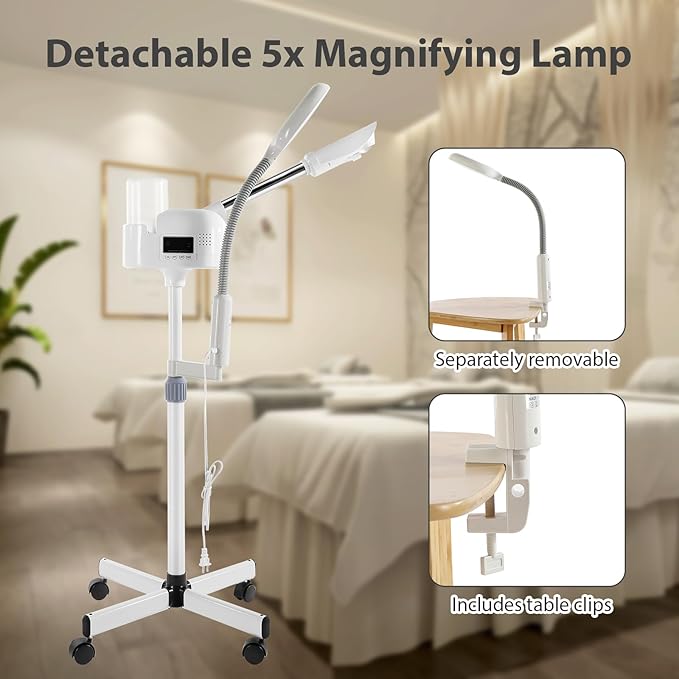 Professional Facial Steamer 2 in1 Steamer for Face 5X LED Magnifying Lamp Facial Steamer for Esthetician Beauty Face Equipment Use at Home or Salon(White)