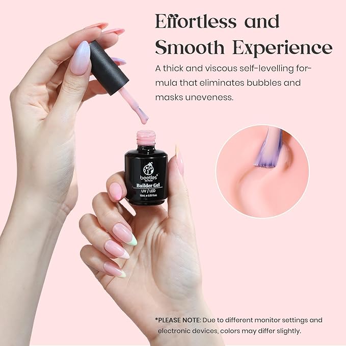 Beetles Builder Gel 15ML, 7 in 1 Builder Strengthener Gel Translucent Pink Nude Gel Nail Extension Brush in Bottle UV Gel Nail Polish, No Slip Solution Need Base Gel Needed