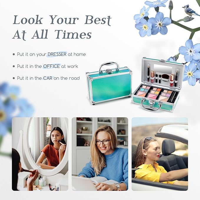 Color Nymph Beginner Makeup Kits For Teens With Train Case Included Full Makeup Kit Eyeshadow Palette Blushes Bronzer Highlighter Lipstick Brushes Mirror (Green)