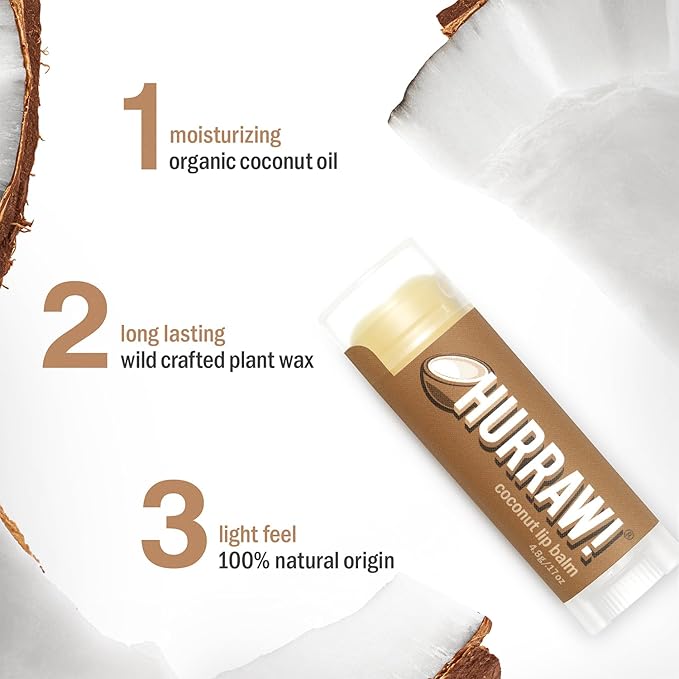 Hurraw! Coconut Lip Balm: Organic, Certified Vegan, Cruelty and Gluten Free. Non-GMO, 100% Natural Ingredients. Bee, Shea, Soy and Palm Free. Made in USA