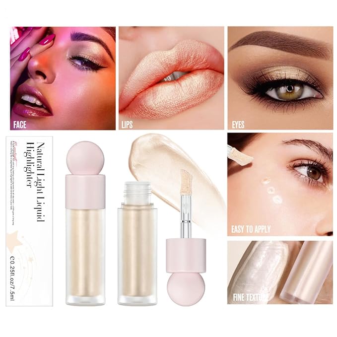 Liquid Highlighter Natural Glow For Face & Body, Waterproof Moisturizing Light Liquid Luminizer For Long Lasting Shimmer, Contour Highlighter Stick Easy to Apply with Cushion Applicator