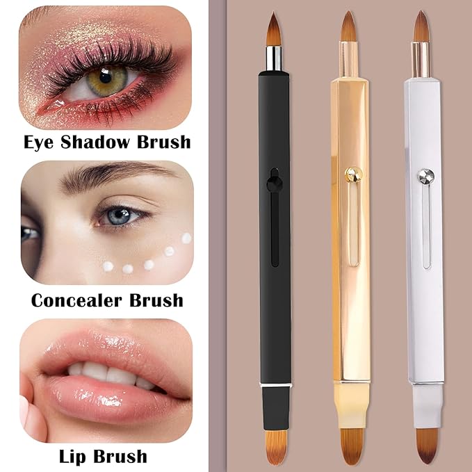 3 Pack Lip Brush for Lipstick Makeup Brushes Double-Ended Retractable Lip Brush with Cap Dustproof for Lipstick Gloss Creams Portable with Cap(Black + Gold + Silver)