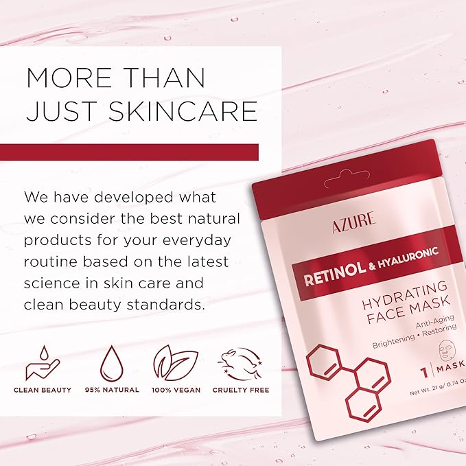 Azure Cosmetics Retinol & Hyaluronic Acid Anti Aging Facial Sheet - Rejuvenating & Hydrating Face Mask - Helps Reduce Fine Lines & Wrinkles, Smooths & Repairs - Made in Korea - Pack of 5