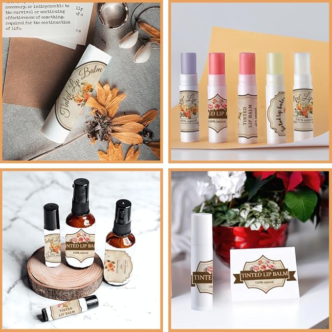 OLYCRAFT 100Pcs Self-Adhesive Lip Balm Tag Stickers 1.7x2.1 inch Vintage Flower Waterproof Adhesive Label with Word Lipstick Tag Sticker for Lip Balm Container Tubes Lipstick Wrapping Decoration