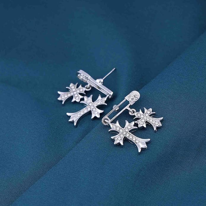 Vintage Crystal Cross Drop Earrings Rhinestone Cross Stud Earrings Silver Paperclip Earrings Sparkly Cz Crucifix Earrings Jewelry for Women