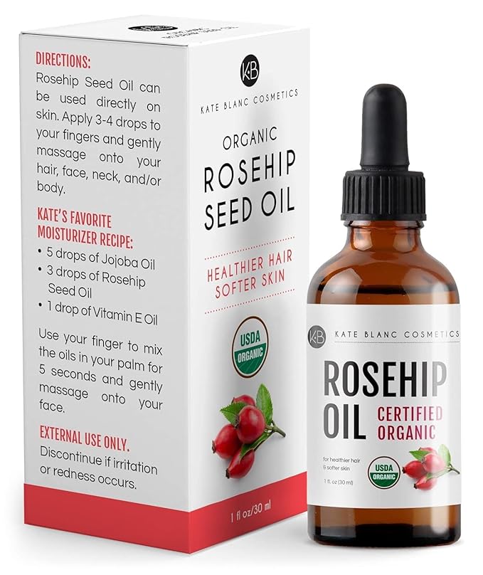 Kate Blanc Cosmetics Rosehip Oil for Face & Softer Glowing Skin (1oz, Organic, Pure, Cold Pressed) Rosehip Seed Face Oil for Facial & Gua Sha Massage